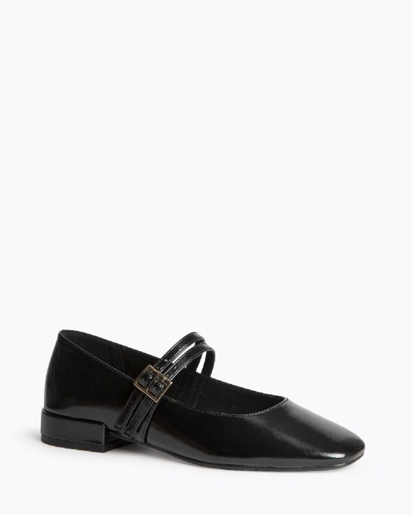Black Patent Mary Jane Flats with Buckle Strap