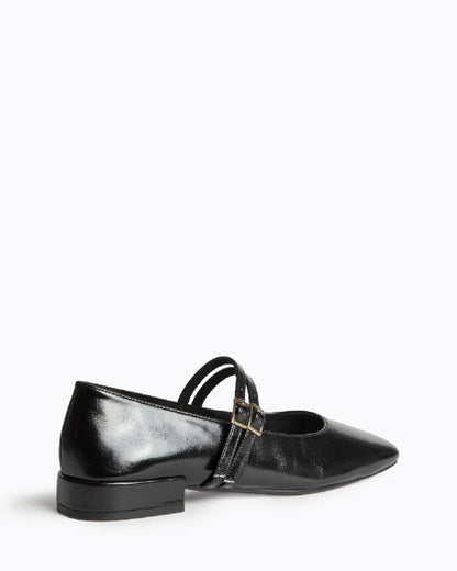 Black Patent Mary Jane Flats with Buckle Strap