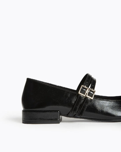 Black Patent Mary Jane Flats with Buckle Strap