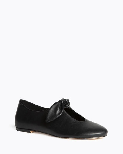 Black Leather Flats with Bow Detail