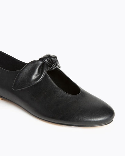 Black Leather Flats with Bow Detail