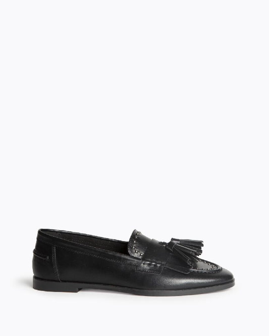 Black Leather Loafers with Tassel Detail