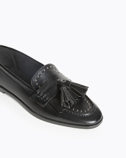 Black Leather Loafers with Tassel Detail