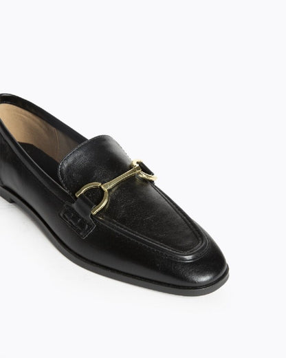 Black Leather Loafers with Gold Detail
