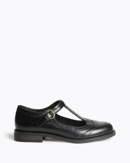 Black Leather T-Strap Loafers with Brogue Detail