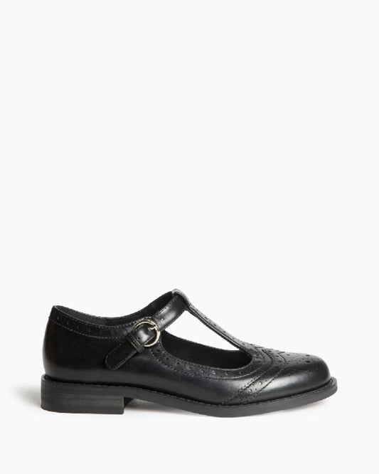 Black Leather T-Strap Loafers with Brogue Detail