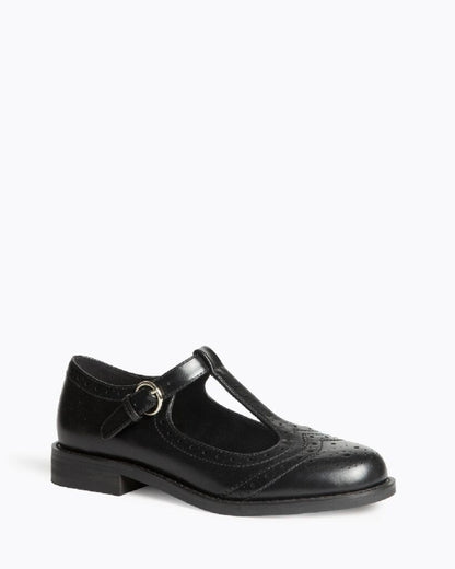 Black Leather T-Strap Loafers with Brogue Detail