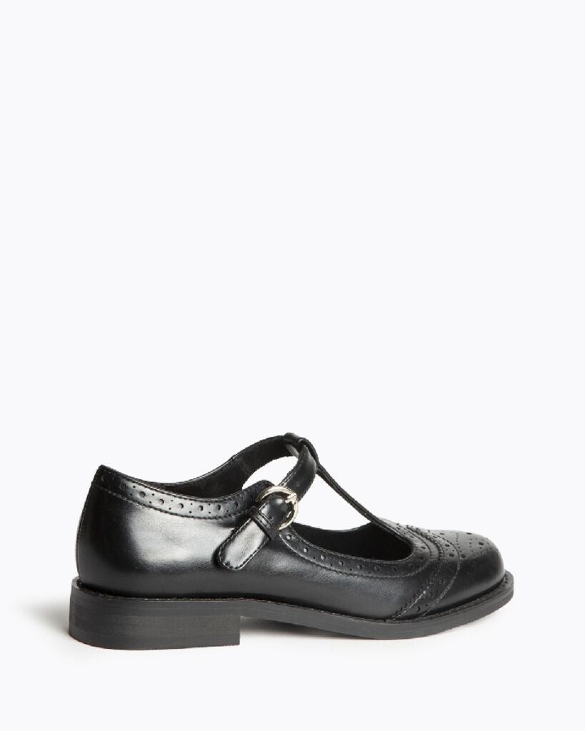 Black Leather T-Strap Loafers with Brogue Detail