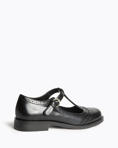 Black Leather T-Strap Loafers with Brogue Detail
