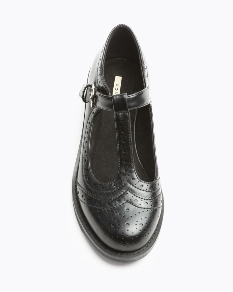Black Leather T-Strap Loafers with Brogue Detail