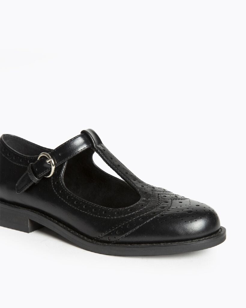 Black Leather T-Strap Loafers with Brogue Detail