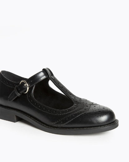 Black Leather T-Strap Loafers with Brogue Detail