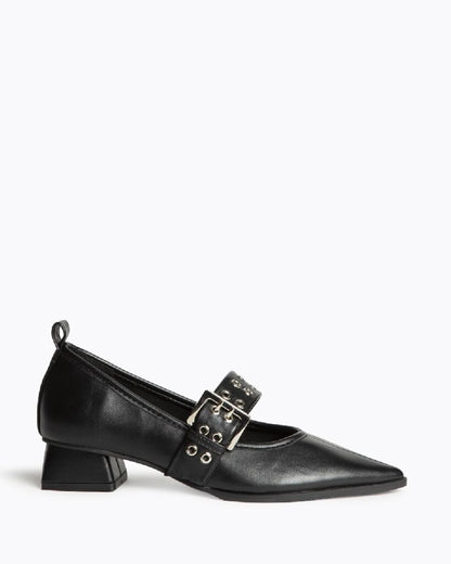 Black Textured Slingback Shoes with Buckle Detail