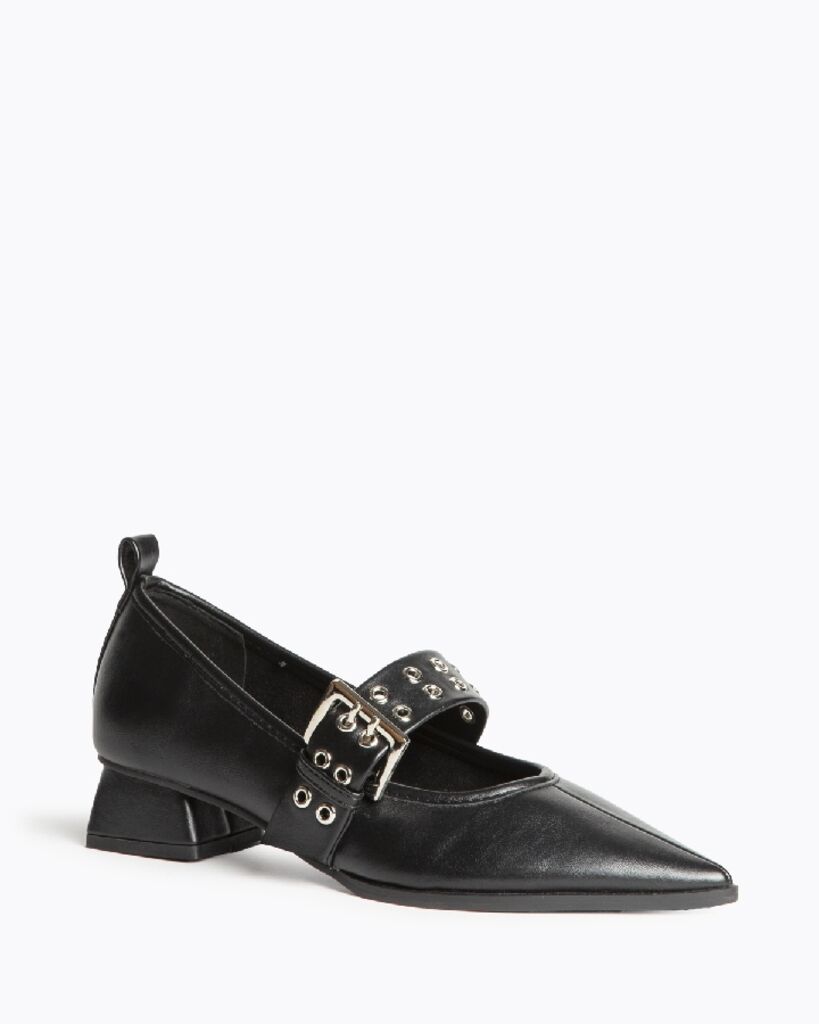 Black Textured Slingback Shoes with Buckle Detail