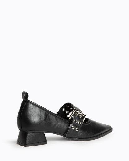 Black Textured Slingback Shoes with Buckle Detail