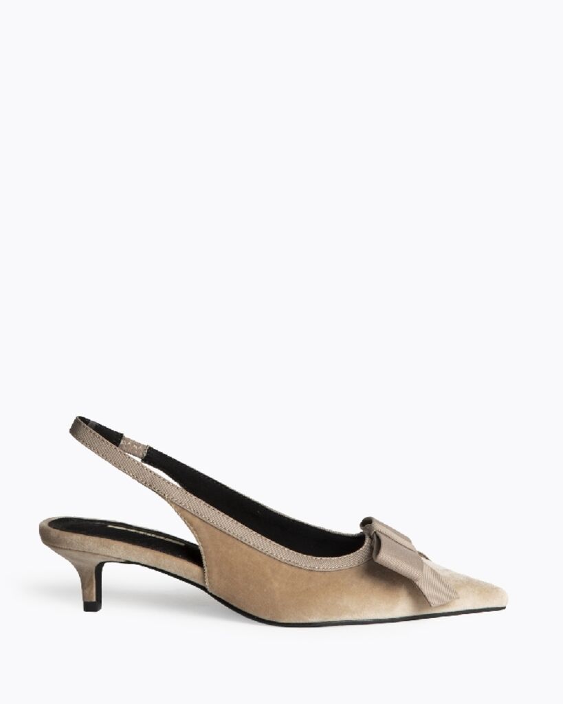 Taupe Slingback Kitten Heels with Bow Accent