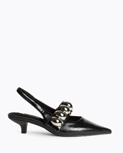 Black Leather Slingback Heels with Silver Accents