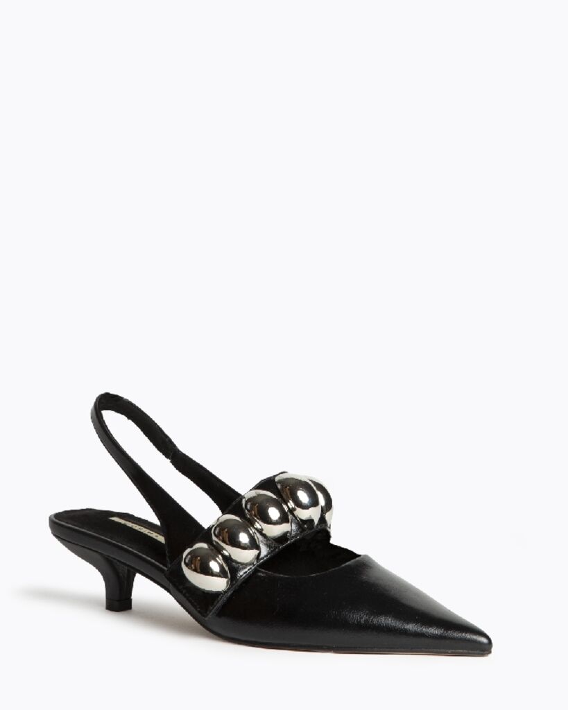Black Leather Slingback Heels with Silver Accents