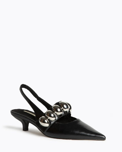 Black Leather Slingback Heels with Silver Accents