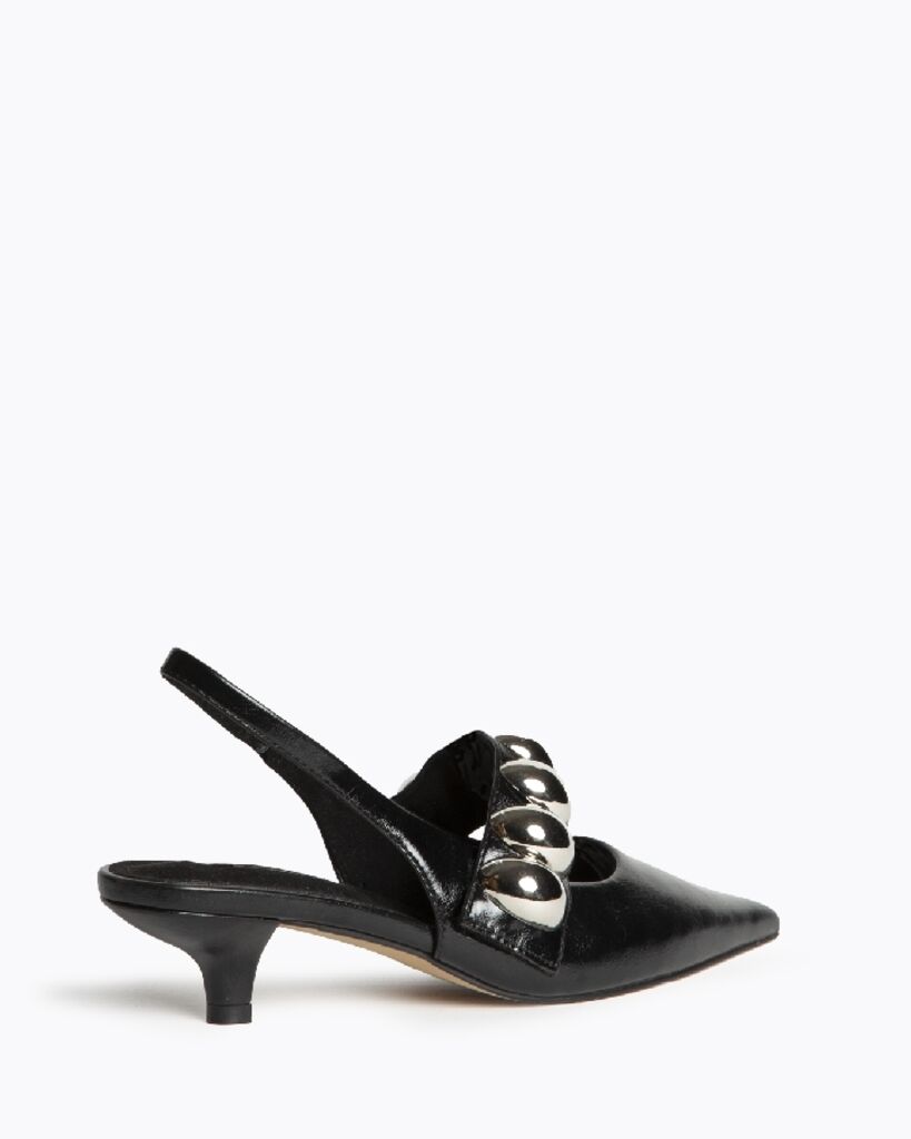 Black Leather Slingback Heels with Silver Accents
