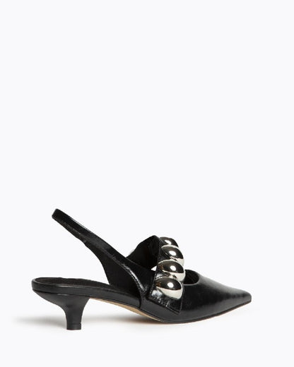Black Leather Slingback Heels with Silver Accents