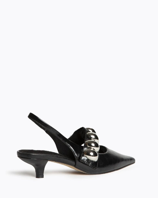 Black Leather Slingback Heels with Silver Accents
