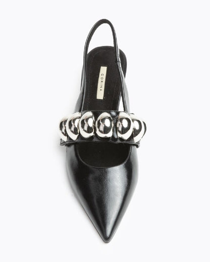 Black Leather Slingback Heels with Silver Accents