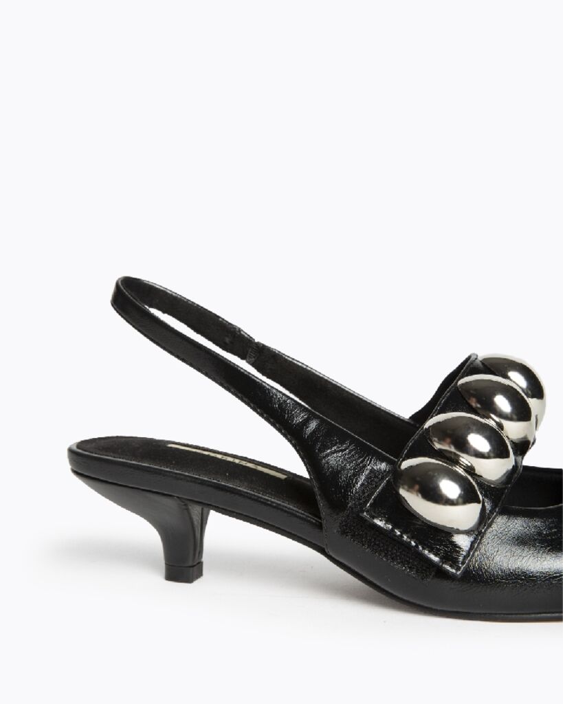 Black Leather Slingback Heels with Silver Accents