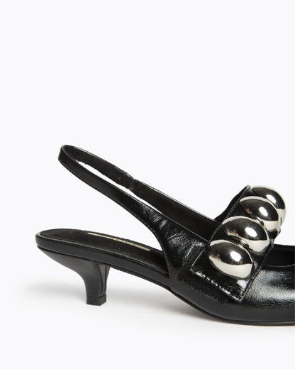 Black Leather Slingback Heels with Silver Accents
