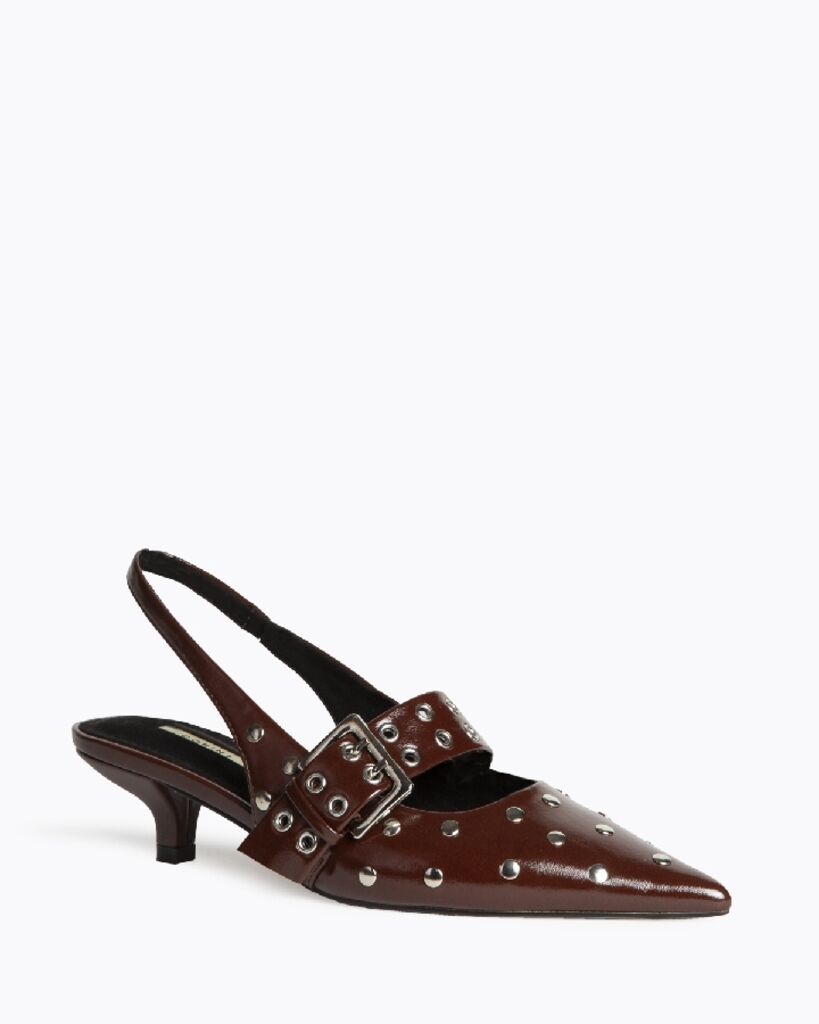 Brown Patent Kitten Heel Slingback with Silver Buckle