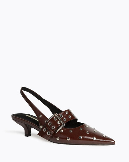 Brown Patent Kitten Heel Slingback with Silver Buckle