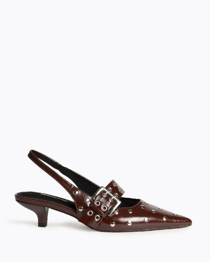 Brown Patent Kitten Heel Slingback with Silver Buckle