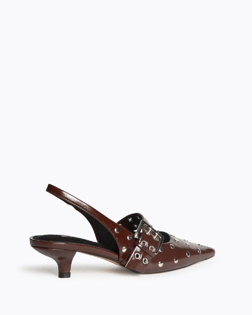 Brown Patent Kitten Heel Slingback with Silver Buckle