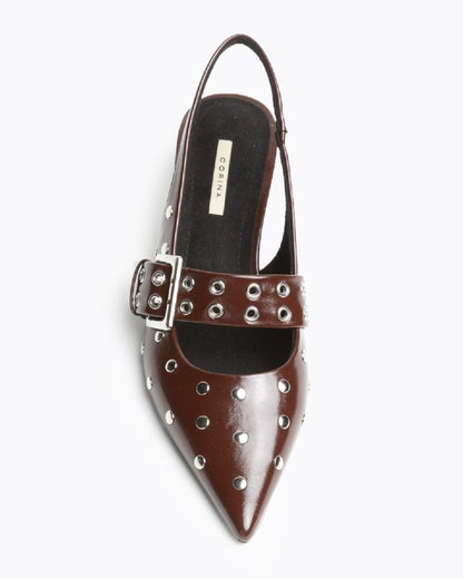 Brown Patent Kitten Heel Slingback with Silver Buckle