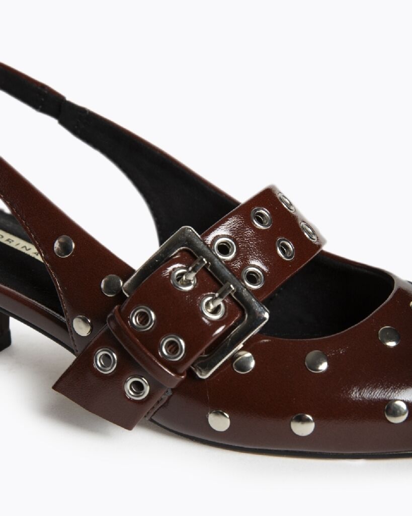 Brown Patent Kitten Heel Slingback with Silver Buckle