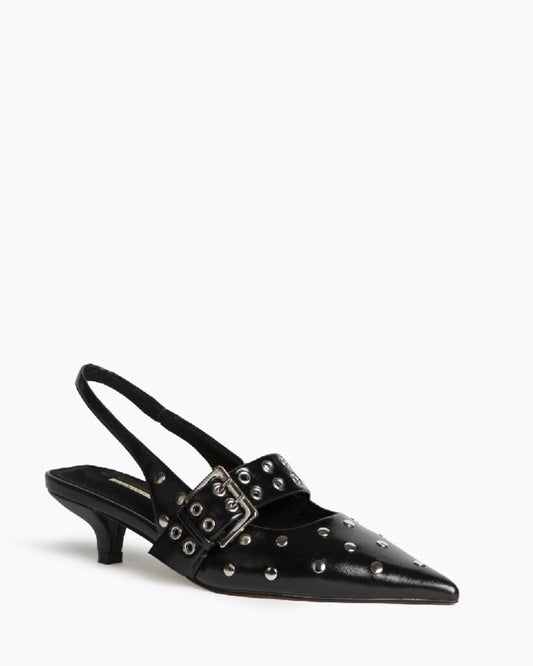 Black Studded Leather Slingback Pumps