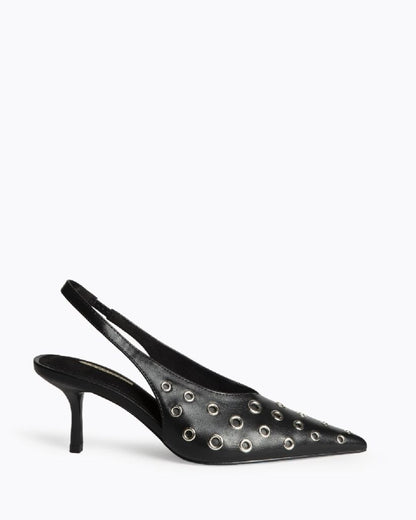 Black Leather Slingback Heels with Metallic Accents