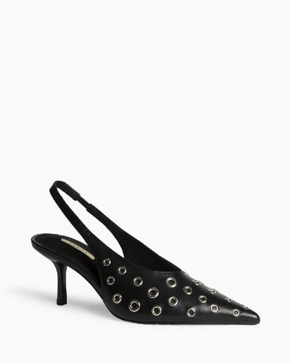 Black Leather Slingback Heels with Metallic Accents