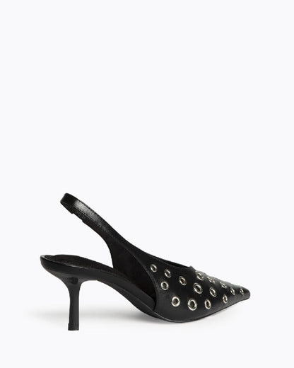 Black Leather Slingback Heels with Metallic Accents