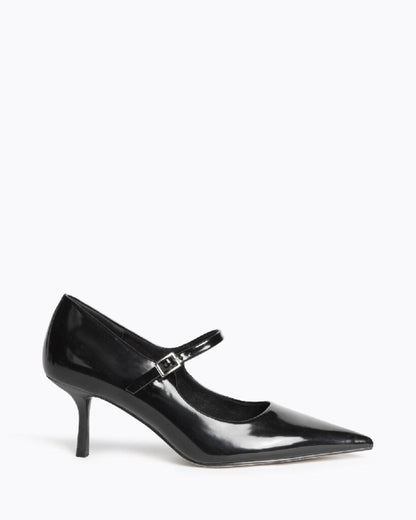 Black Patent Leather Mary Jane Pumps with Kitten Heel