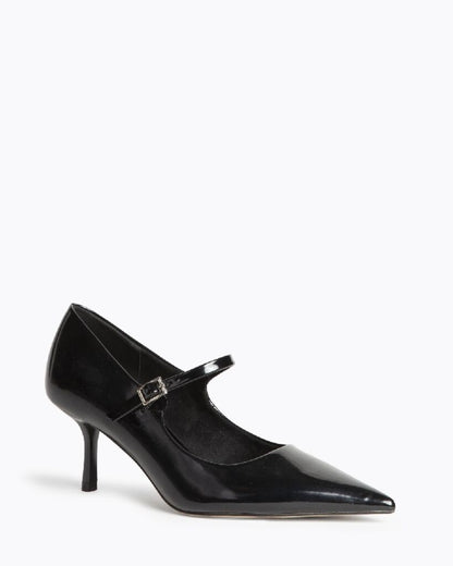 Black Patent Leather Mary Jane Pumps with Kitten Heel