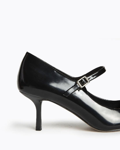 Black Patent Leather Mary Jane Pumps with Kitten Heel