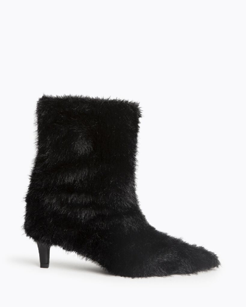 Black Faux Fur Ankle Boots with Kitten Heel