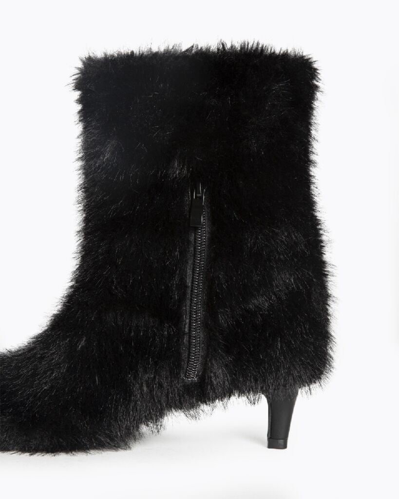 Black Faux Fur Ankle Boots with Kitten Heel