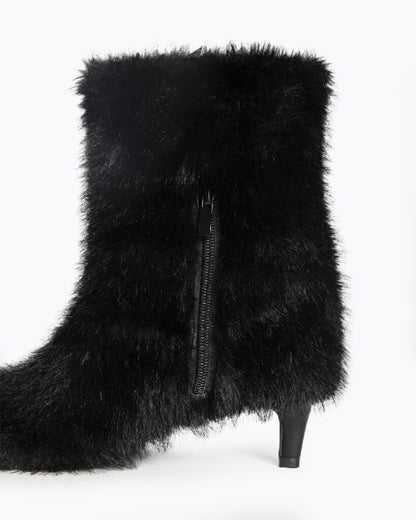 Black Faux Fur Ankle Boots with Kitten Heel