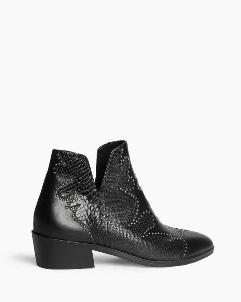 Black Embossed Ankle Boots with Stud Accents