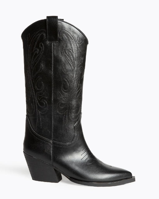 Black Textured Cowboy Boots with Embroidered Details