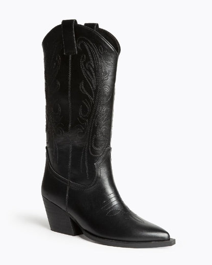 Black Textured Cowboy Boots with Embroidered Details