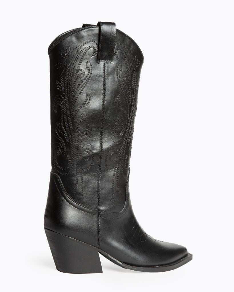Black Textured Cowboy Boots with Embroidered Details