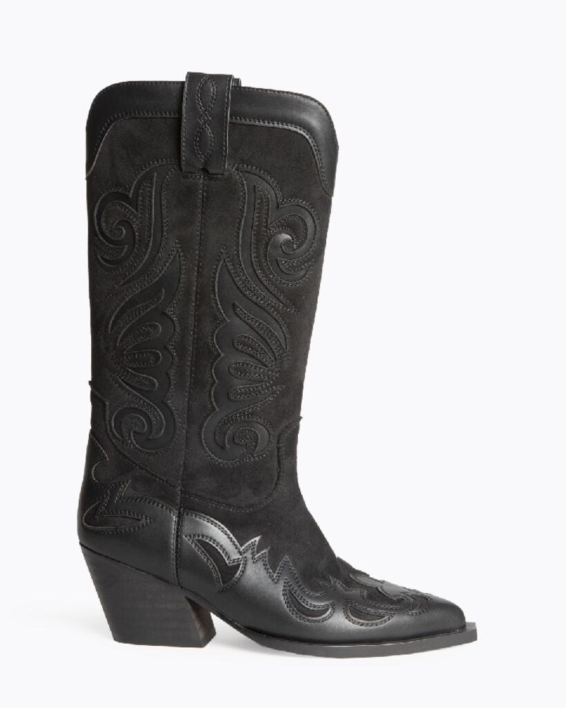 Black Suede Embroidered Cowboy Boots